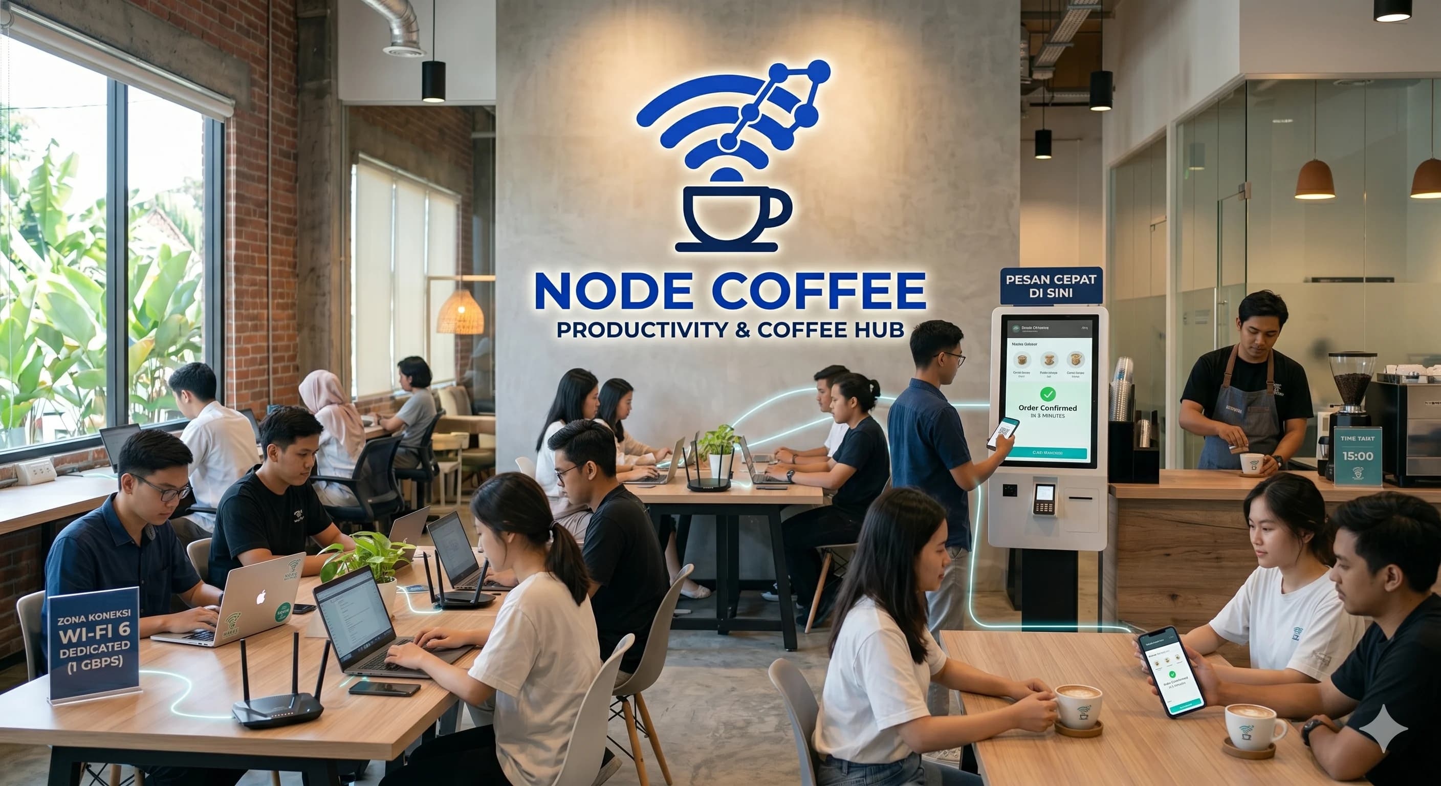 Suasana interior Node Coffee — coworking space Yogyakarta